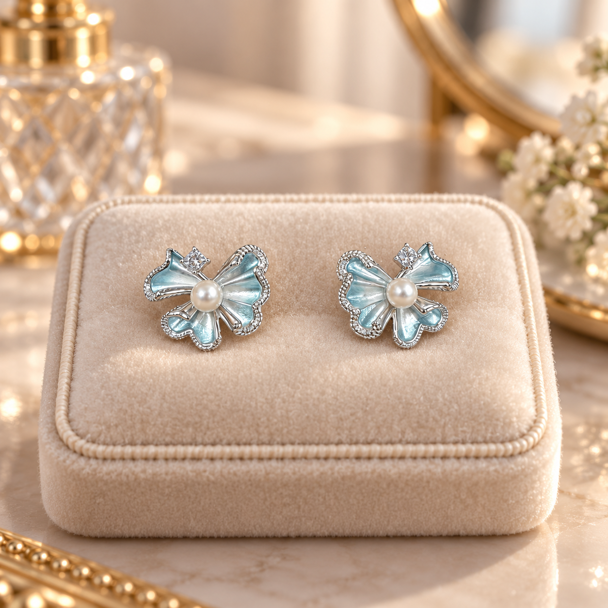925 Sterling Silver Women's Aqua Blue Bow Pearl Stud Earrings - Image 3