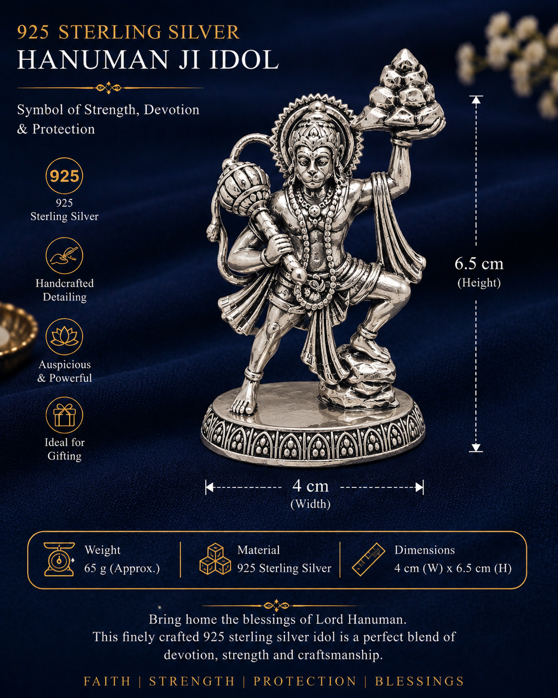 925 Sterling Silver Hanuman Ji Idol – Intricately Crafted Lord Hanuman Statue for Home Temple, Pooja & Gifting - image 3