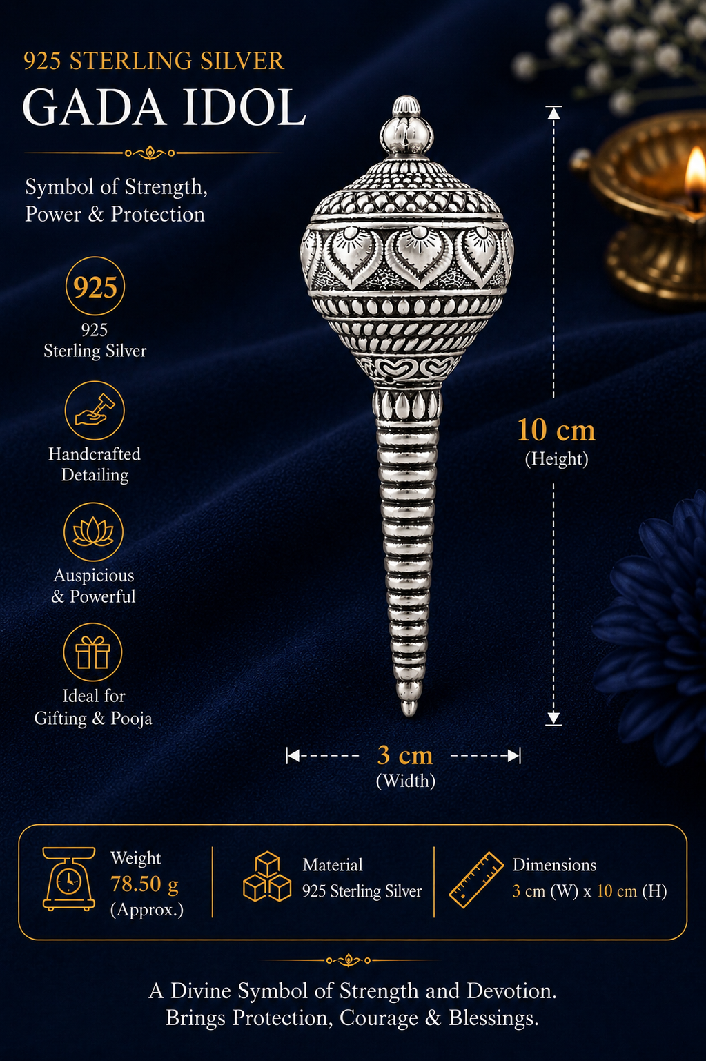 925 Sterling Silver Gada Idol – Traditional Silver Pooja Idol for Strength, Protection & Devotional Gifting - image 3
