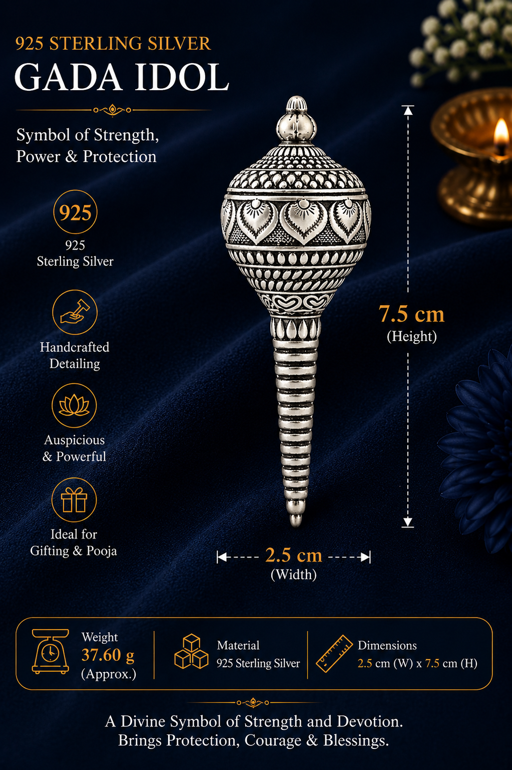 925 Sterling Silver Gada Idol – Divine Symbol of Strength, Power & Protection | Traditional Silver Pooja & Gifting Idol - image 3
