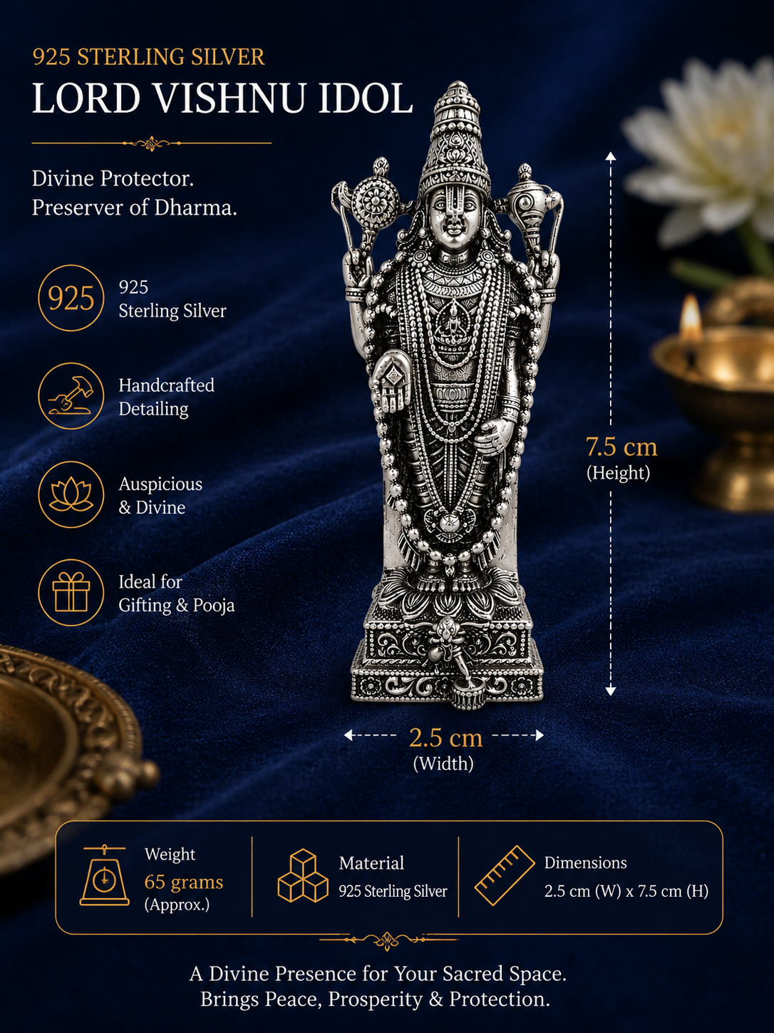 925 Sterling Silver Lord Vishnu Idol | Divine Venkateswara Murti for Home Temple, Pooja & Gifting - image 1