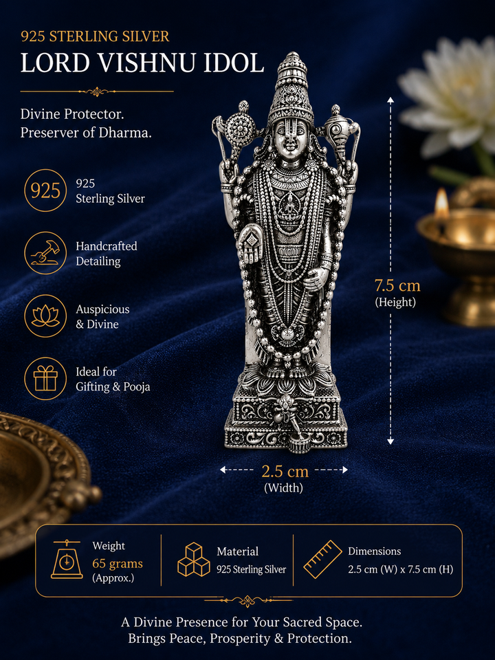 925 Sterling Silver Lord Vishnu Idol | Divine Venkateswara Murti for Home Temple, Pooja & Gifting - image 1