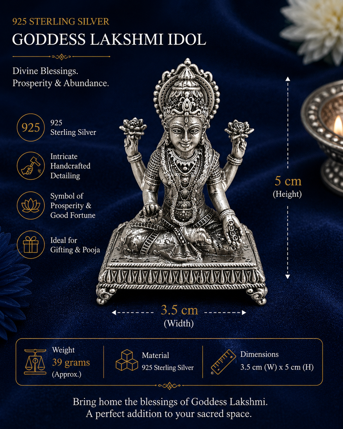 925 Sterling Silver Goddess Lakshmi Idol | Handcrafted Laxmi Mata Murti for Pooja, Home Temple & Gifting - image 1