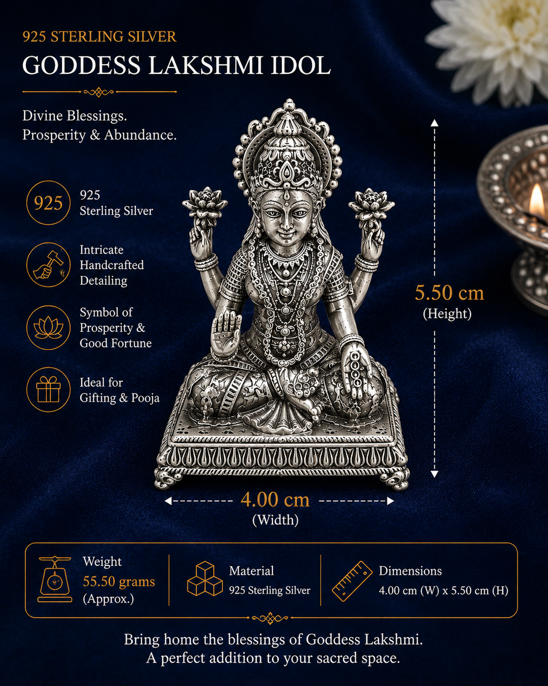 925 Sterling Silver Goddess Lakshmi Idol | Handcrafted Laxmi Mata Murti for Pooja, Home Temple & Gifting - image 3
