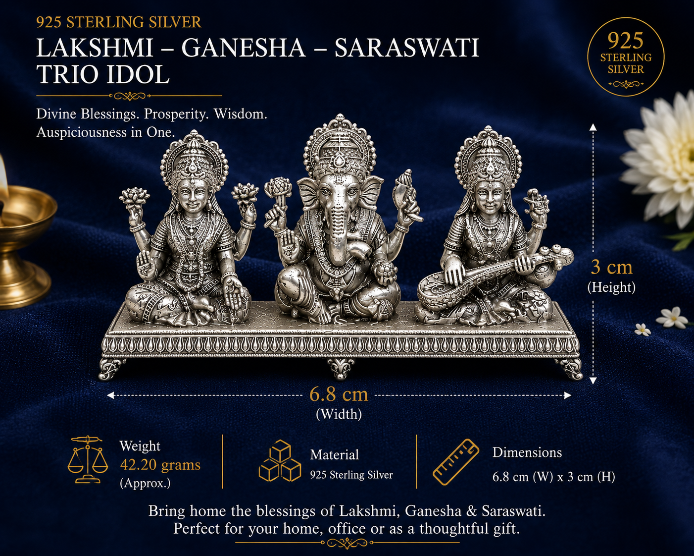 925 Sterling Silver Lakshmi Ganesha Saraswati Trio Idol | Divine Blessings & Prosperity | Premium Silver God Idol for Pooja, Home & Gifting - image 1