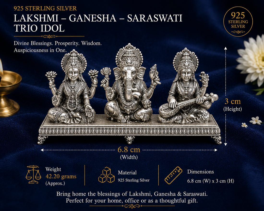 925 Sterling Silver Lakshmi Ganesha Saraswati Trio Idol | Divine Blessings & Prosperity | Premium Silver God Idol for Pooja, Home & Gifting - image 1