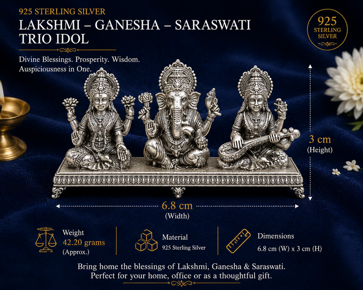 925 Sterling Silver Lakshmi Ganesha Saraswati Trio Idol | Divine Blessings & Prosperity | Premium Silver God Idol for Pooja, Home & Gifting - image 1