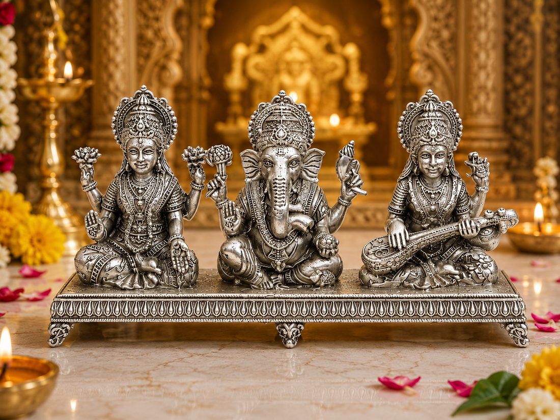 925 Sterling Silver Lakshmi Ganesha Saraswati Trio Idol | Divine Blessings & Prosperity | Premium Silver God Idol for Pooja, Home & Gifting - image 2