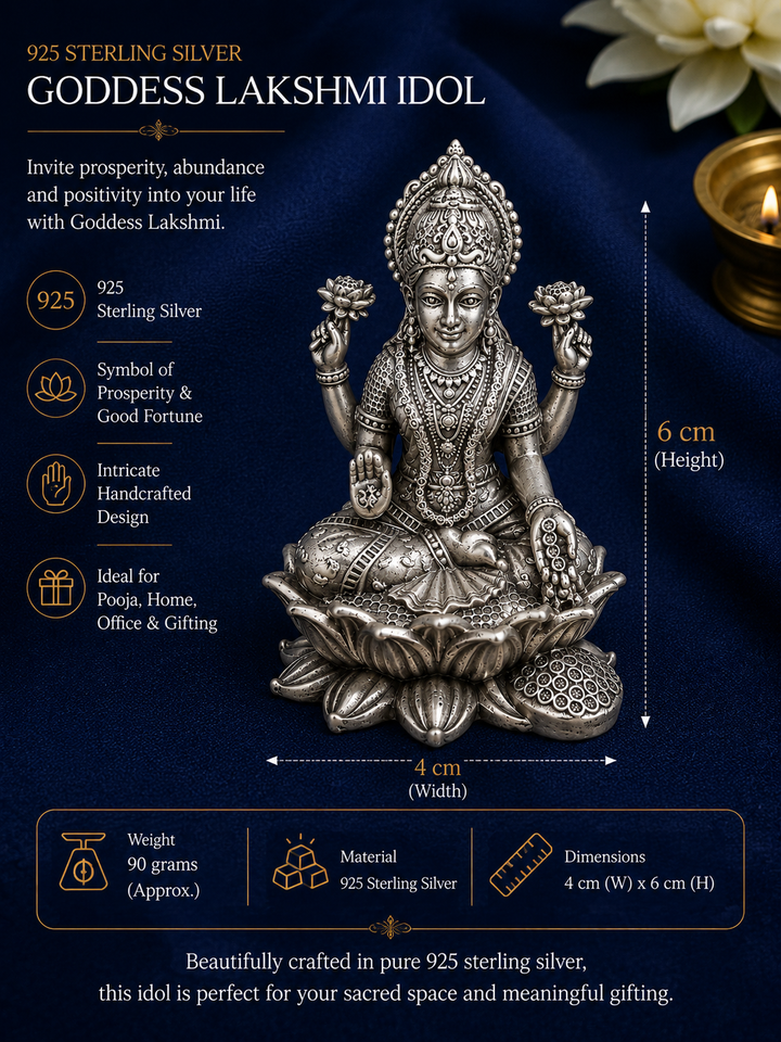 925 Sterling Silver Goddess Lakshmi Idol – Exquisite Religious Idol for Pooja, Home Décor & Gifting | 90 Grams | 4 × 6 cm - image 1