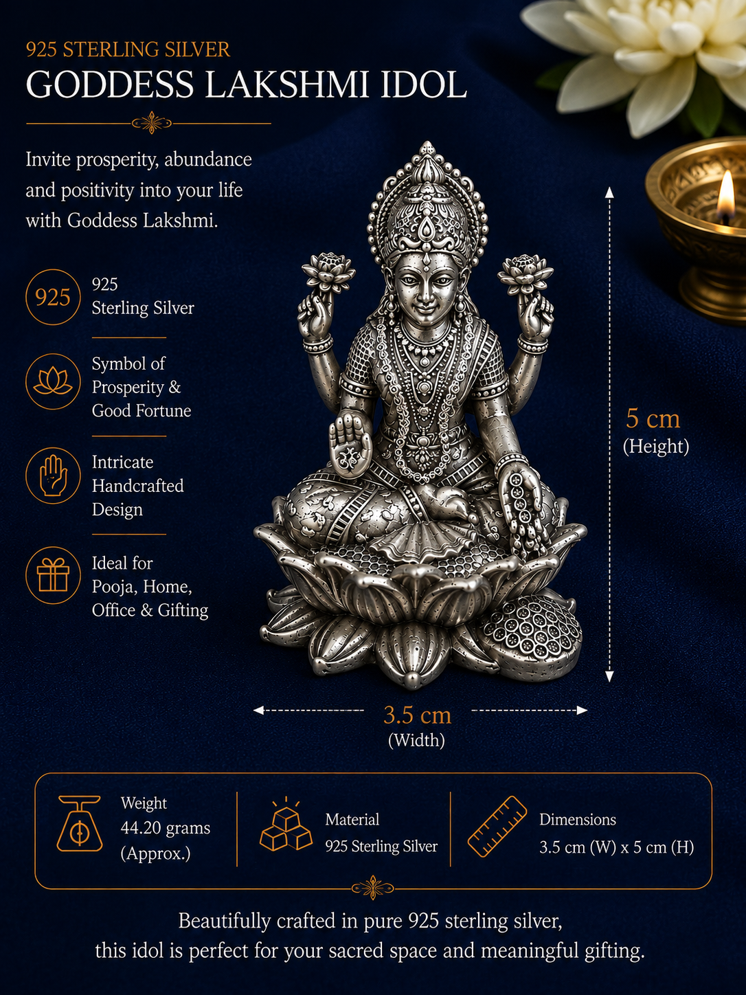 925 Sterling Silver Goddess Lakshmi Idol | 44.20 Grams | 3.5 × 5 cm | Divine Lakshmi Murti for Pooja, Home Temple & Gifting - image 3