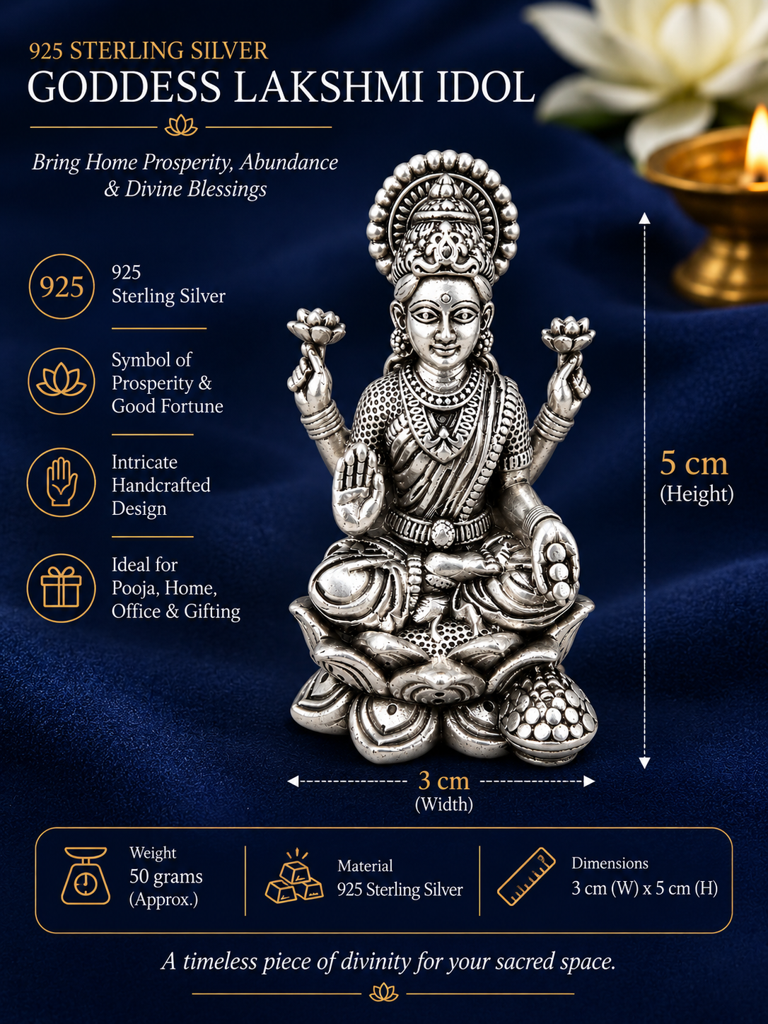 925 Sterling Silver Goddess Lakshmi Idol | Handcrafted Laxmi Murti for Pooja, Home & Gifting | 5 cm - image 1