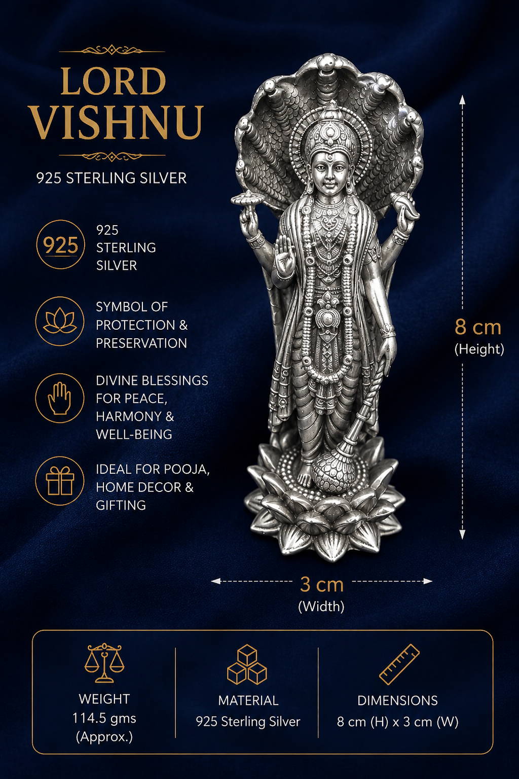 925 Sterling Silver Lord Vishnu with Shesh Nag Idol – Home Temple & Pooja Murti - image 3
