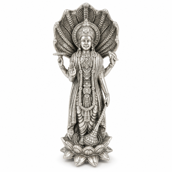925 Sterling Silver Lord Vishnu with Shesh Nag Idol – Compact Pooja Murti - image 1