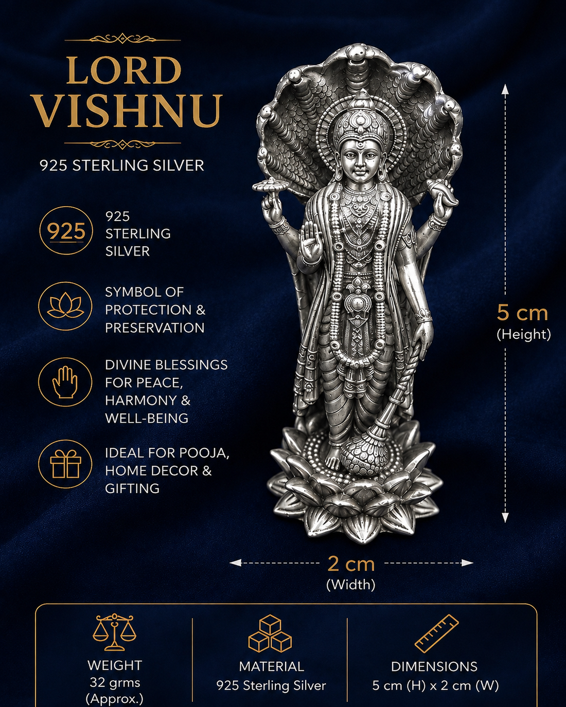 925 Sterling Silver Lord Vishnu with Shesh Nag Idol – Compact Pooja Murti - image 3