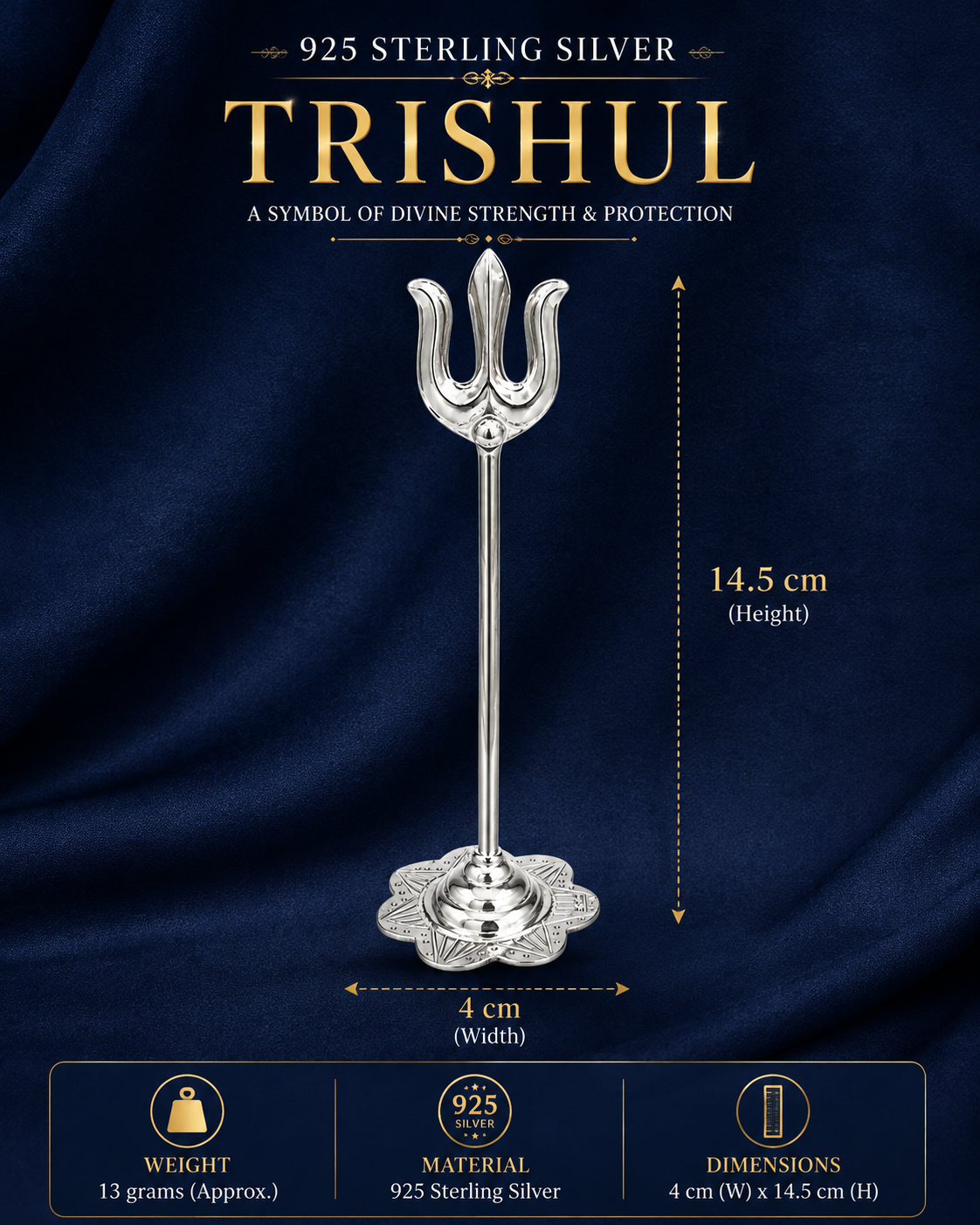 925 Sterling Silver Trishul Idol with Decorative Base – Pooja & Temple Décor - image 3