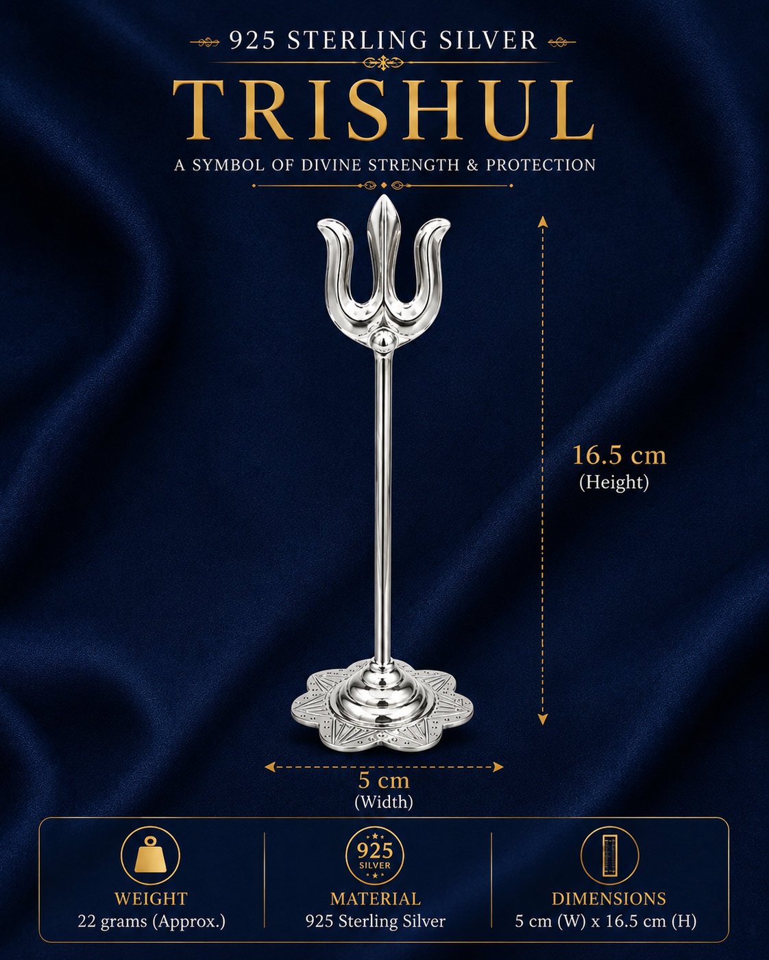 925 Sterling Silver Trishul Idol with Decorative Base – Home Temple & Gifting - image 3