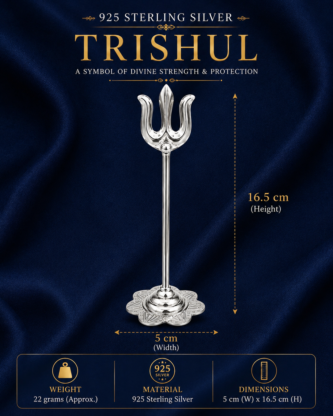 925 Sterling Silver Trishul Idol with Decorative Base – Home Temple & Gifting - image 3