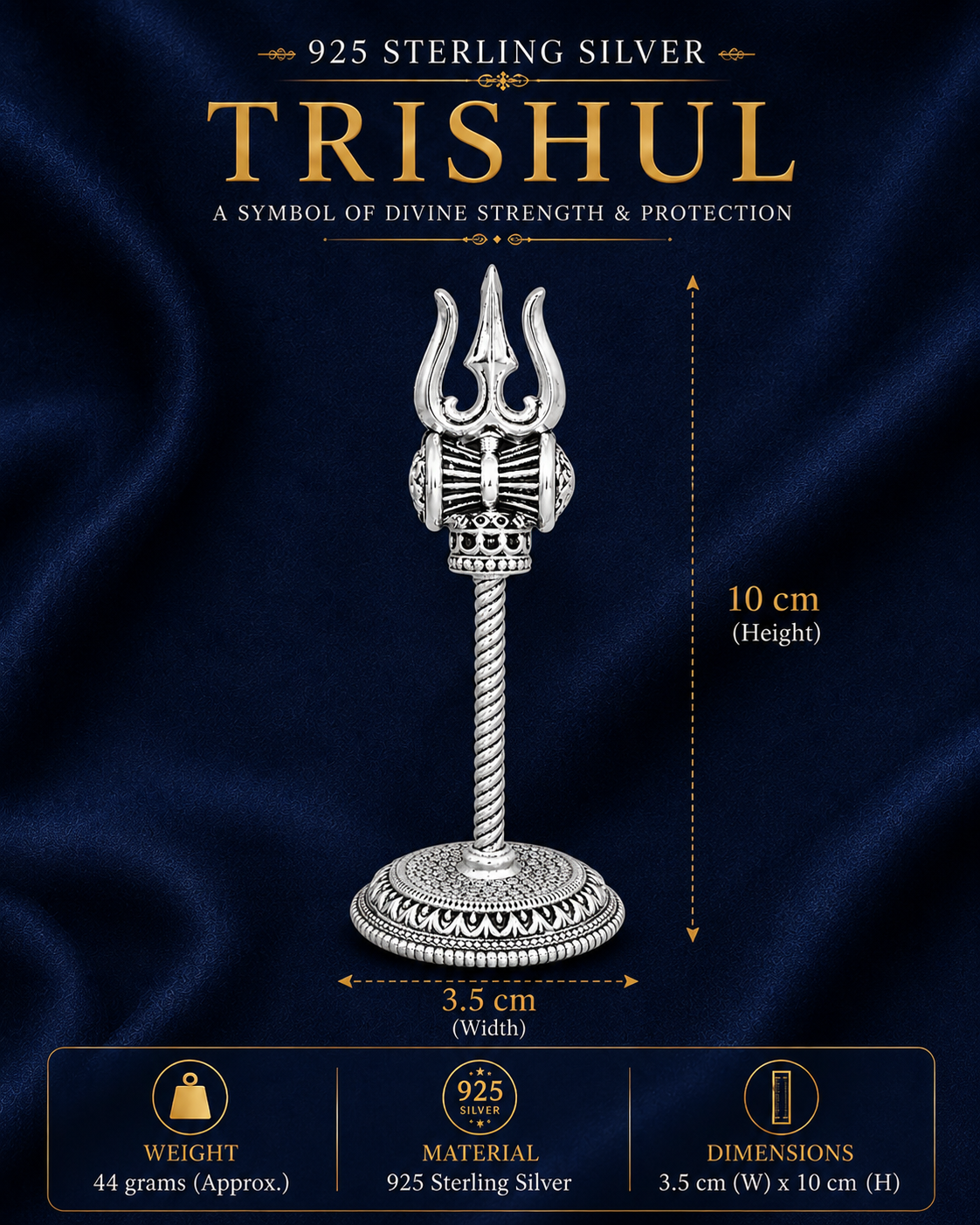 925 Sterling Silver Trishul Idol with Damru Detail – Home Temple & Pooja - image 3