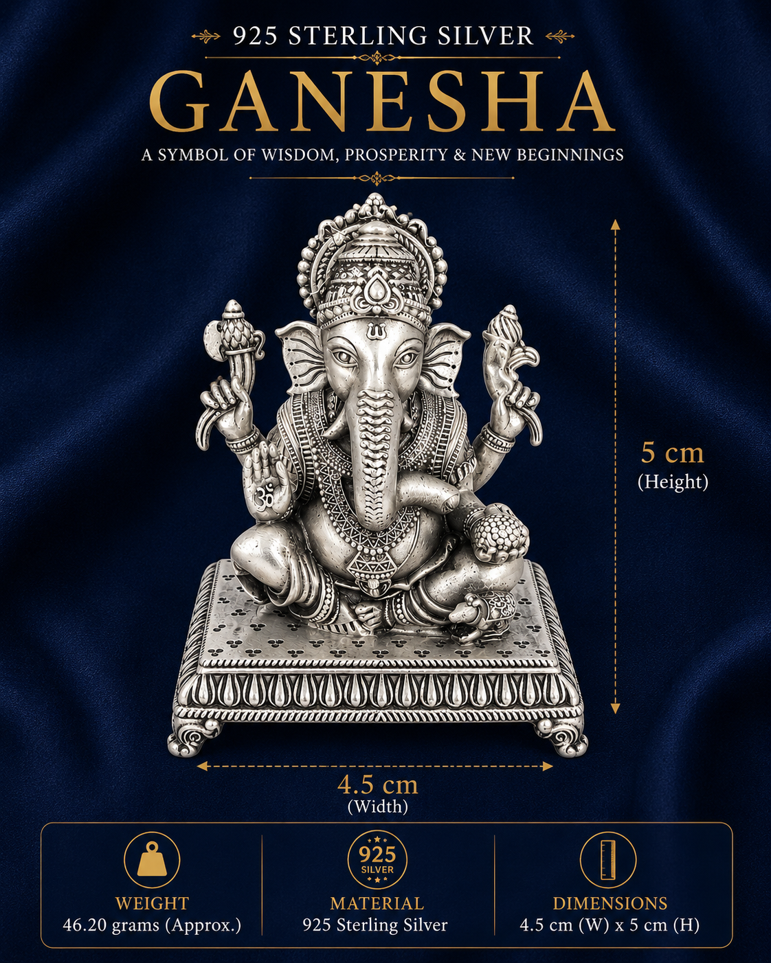 925 Sterling Silver Ganesha Idol on Decorative Base – Home Temple & Gifting - image 3