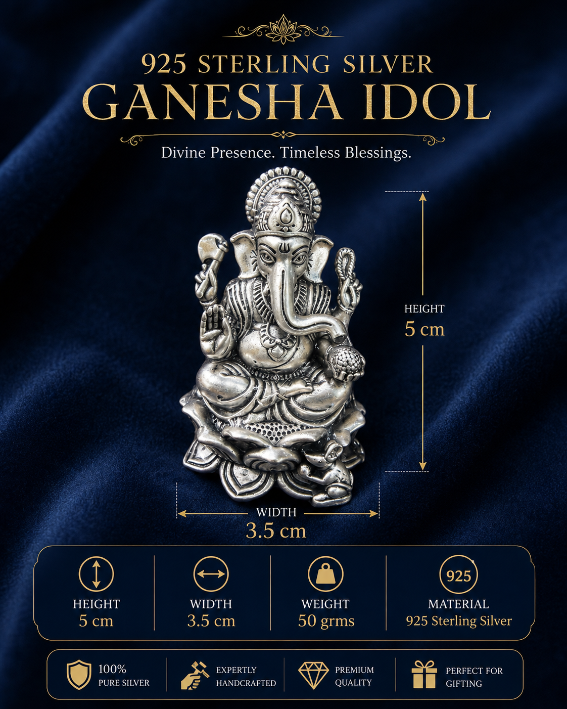 925 Sterling Silver Ganesha Idol – Traditional Pooja & Gifting Murti - image 2