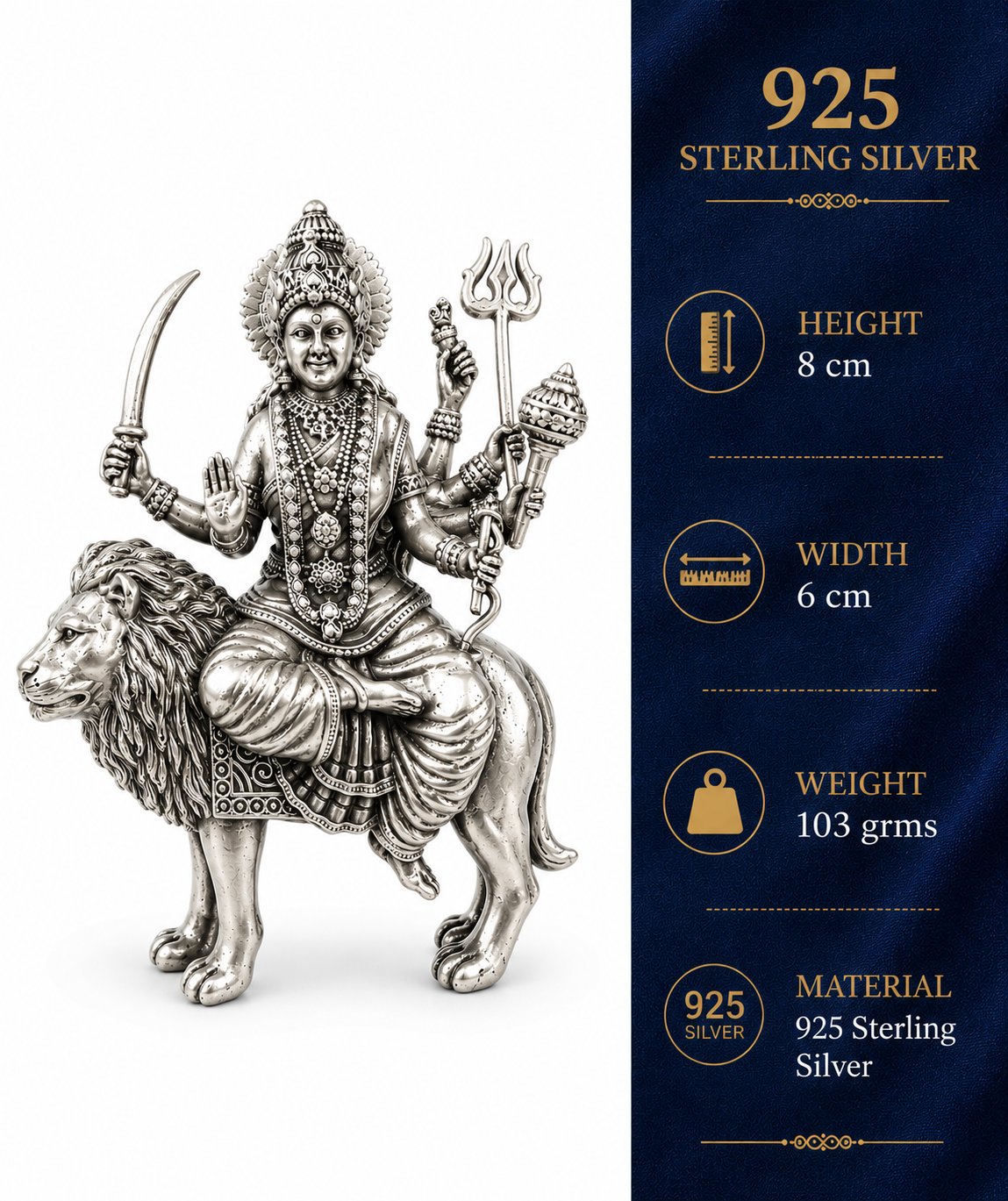 925 Sterling Silver Maa Amba Idol on Lion – Home Temple & Pooja Murti - image 3