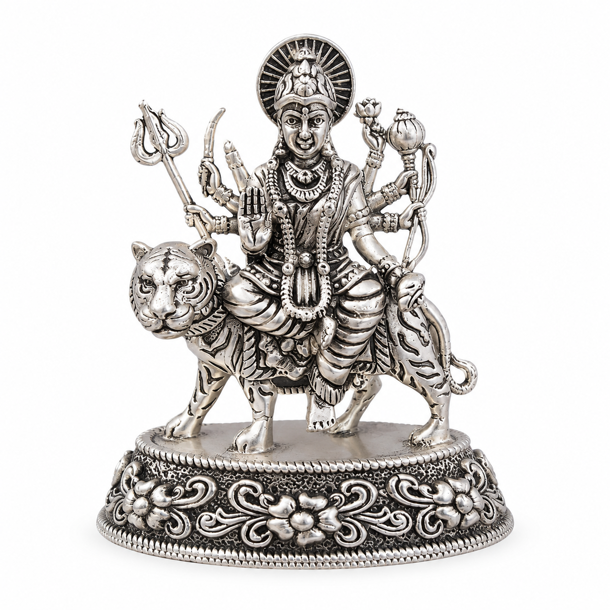 925 Sterling Silver Maa Amba Idol on Tiger with Ornate Base – Pooja & Gifting - image 1
