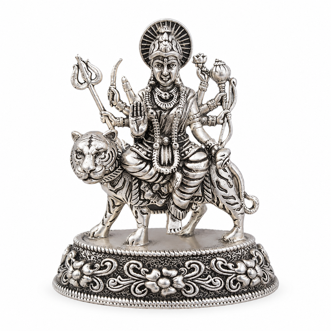 925 Sterling Silver Maa Amba Idol on Tiger with Ornate Base – Pooja & Gifting - image 1