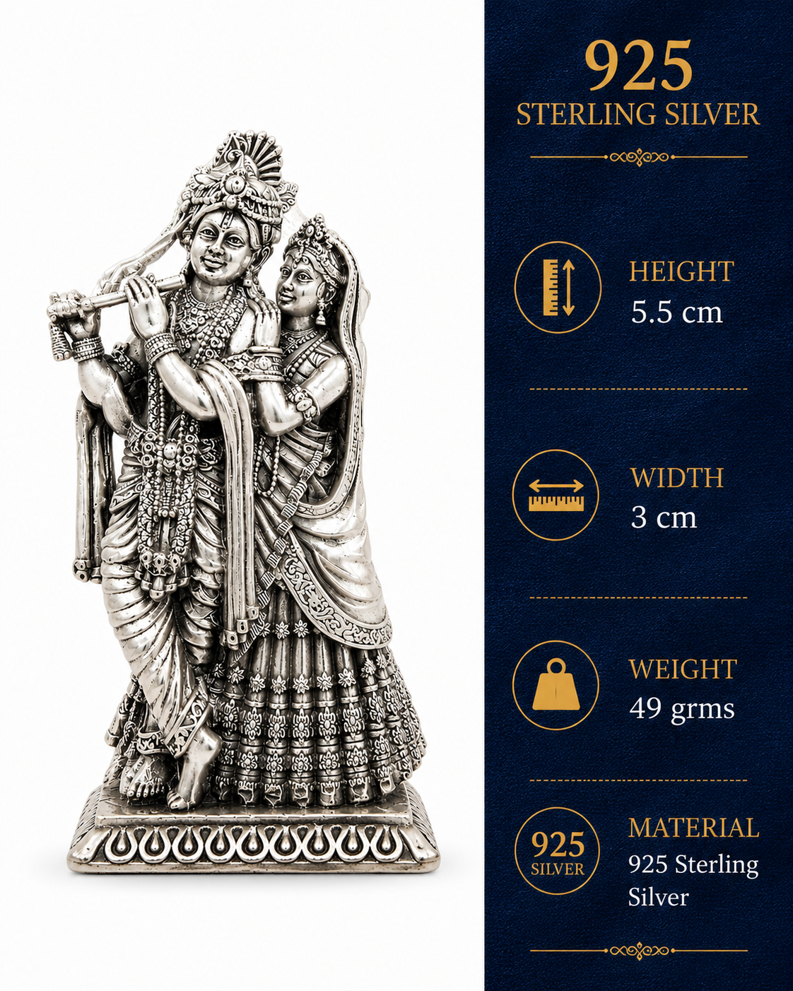925 Sterling Silver Radha Krishna Idol with Flute – Compact Pooja & Gifting Murti - image 3