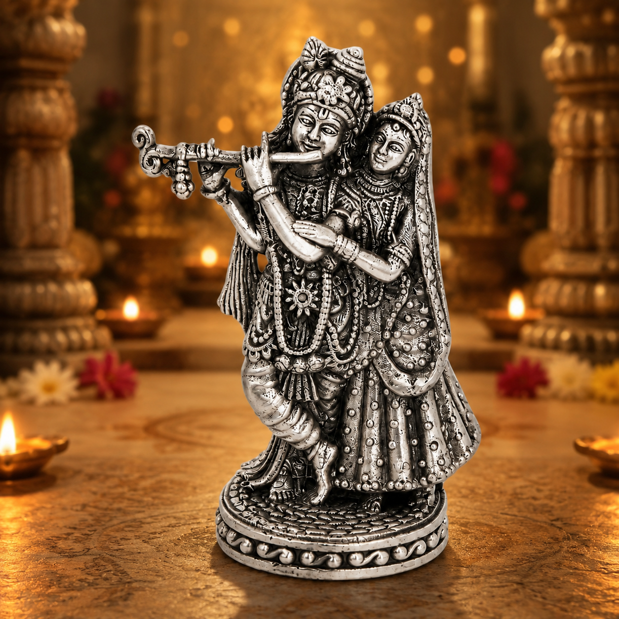 925 Sterling Silver Radha Krishna Idol with Flute – Detailed Home Temple Murti - image 2