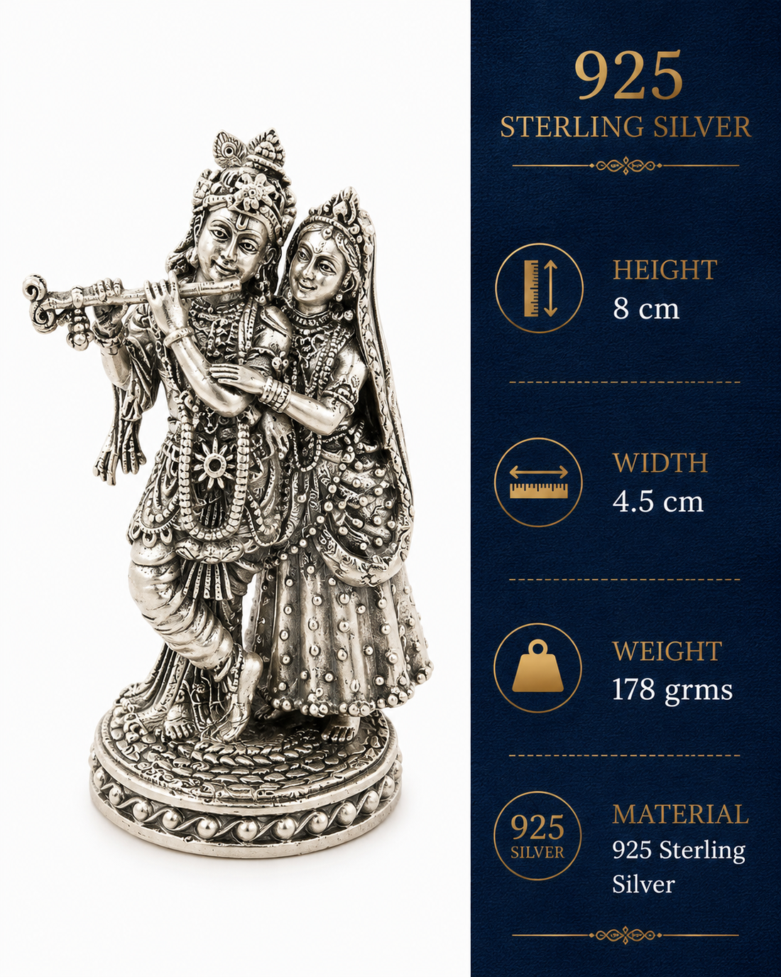 925 Sterling Silver Radha Krishna Idol with Flute – Detailed Home Temple Murti - image 3