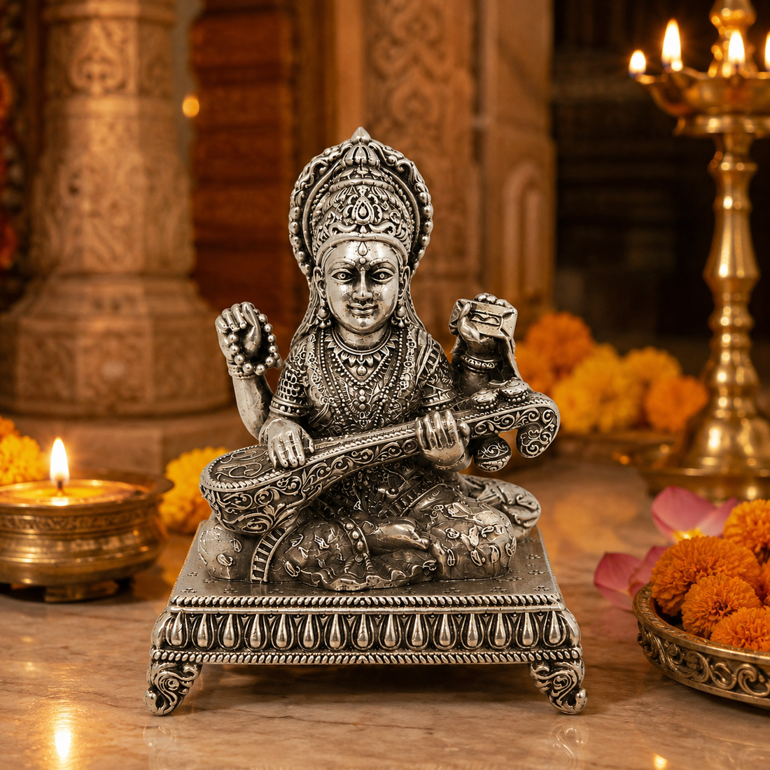 925 Sterling Silver Goddess Saraswati Idol with Veena – Home Temple, Pooja & Gifting - image 2