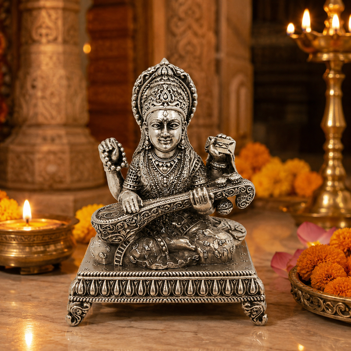 925 Sterling Silver Goddess Saraswati Idol with Veena – Home Temple, Pooja & Gifting - image 2