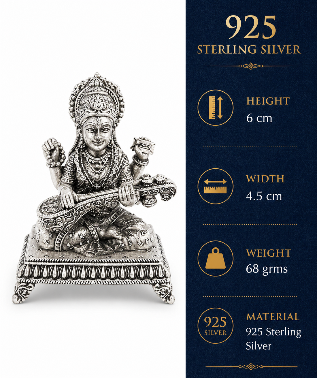 925 Sterling Silver Goddess Saraswati Idol with Veena – Home Temple, Pooja & Gifting - image 3