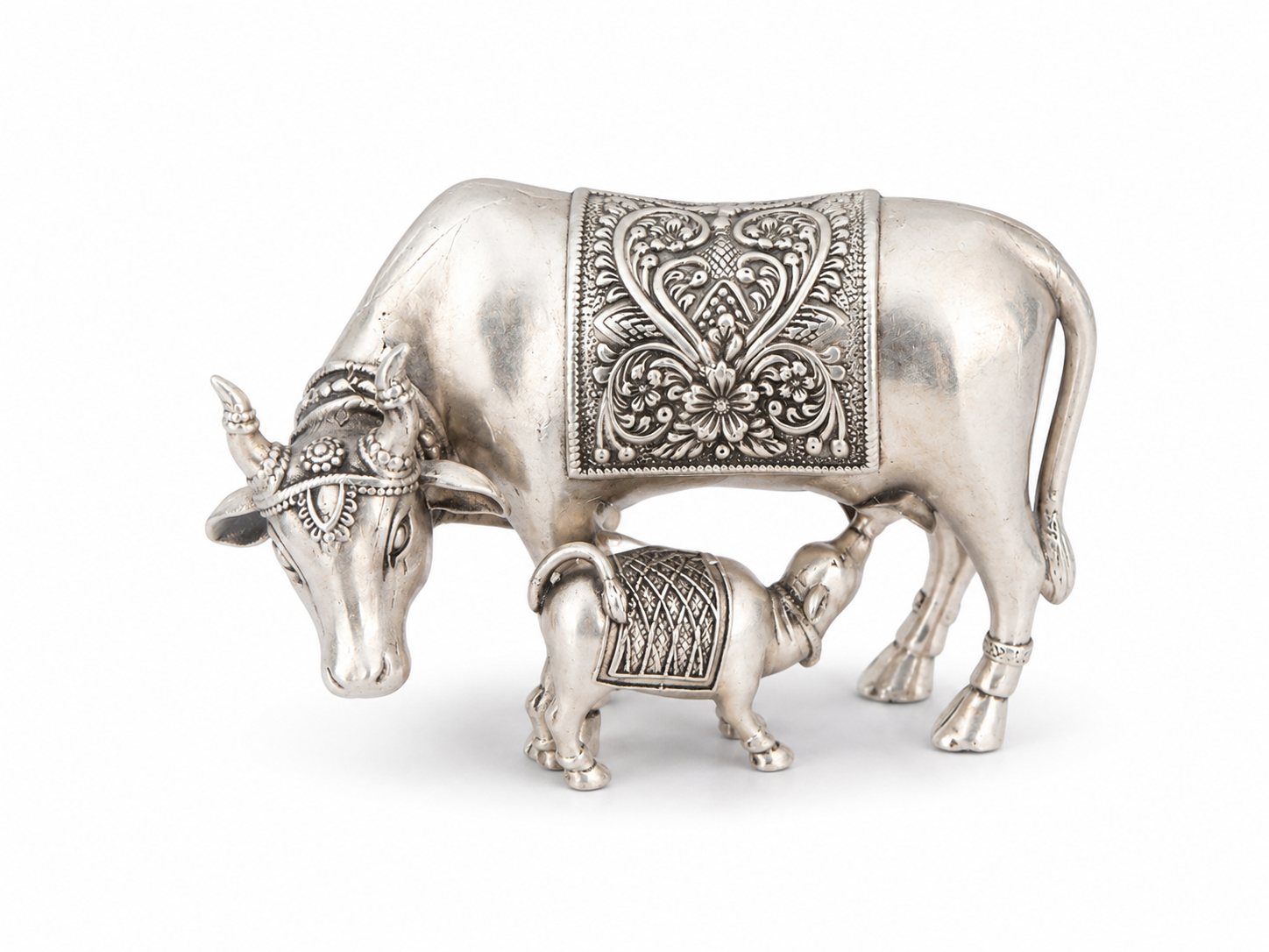 925 Sterling Silver Kamdhenu Cow with Calf Idol – Vastu, Pooja & Gifting - image 1