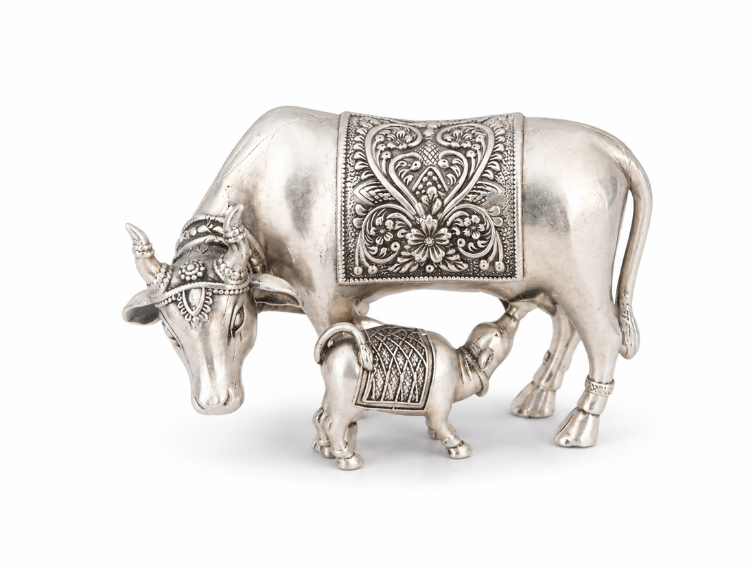925 Sterling Silver Kamdhenu Cow with Calf Idol – Vastu, Pooja & Gifting - image 1
