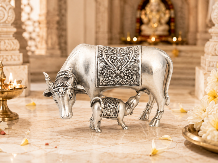925 Sterling Silver Kamdhenu Cow with Calf Idol – Vastu, Pooja & Gifting - image 2