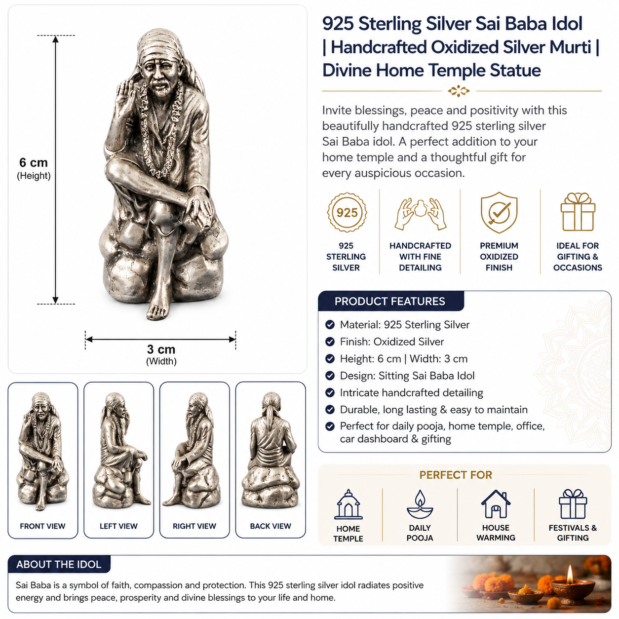 925 Sterling Silver Shirdi Sai Baba Idol – Oxidized Murti for Home Temple, Pooja & Gifting - image 4