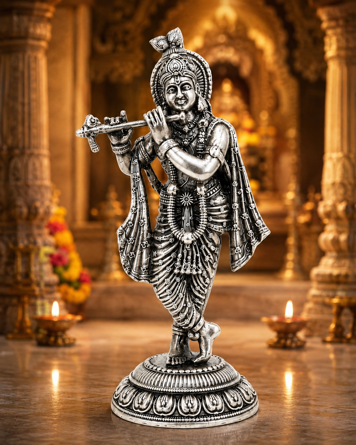 925 Sterling Silver Lord Krishna Idol with Flute – Standing Krishna Murti for Home Temple & Gifting - image 2