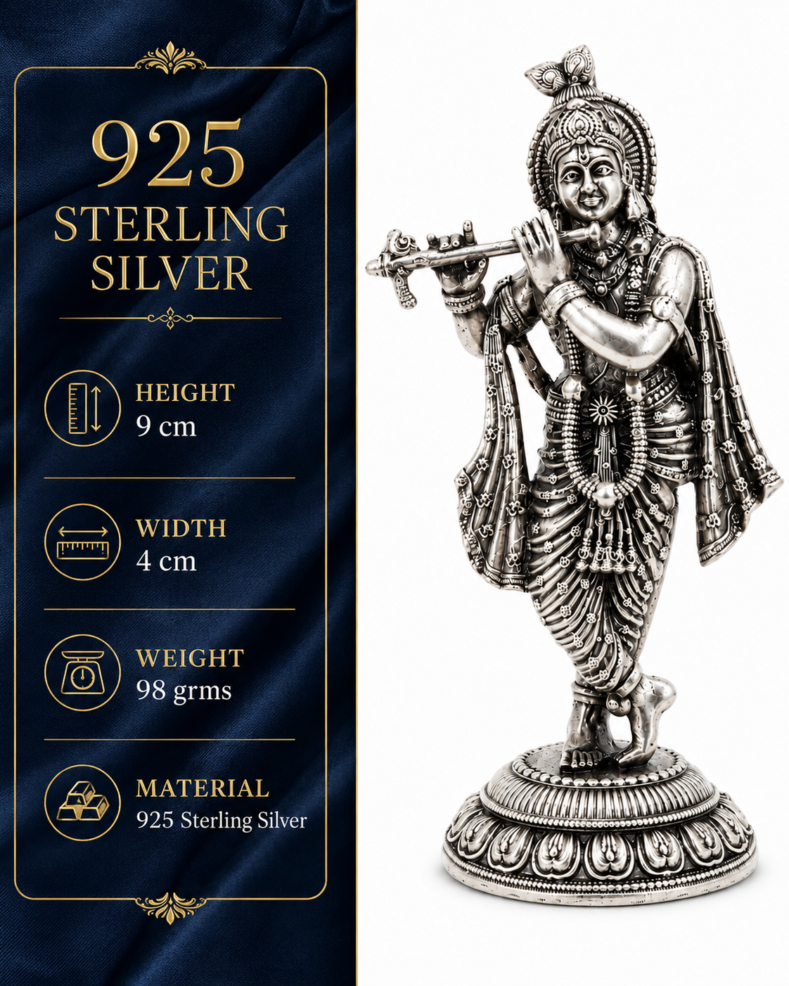 925 Sterling Silver Lord Krishna Idol with Flute – Standing Krishna Murti for Home Temple & Gifting - image 3