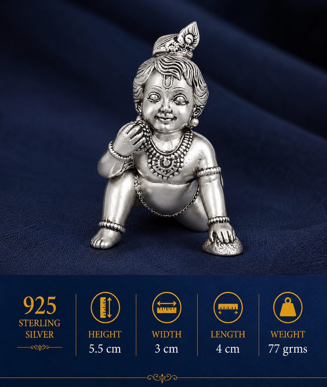 925 Sterling Silver Bal Krishna Crawling Idol – Detailed Laddu Gopal Murti for Home Temple - image 3