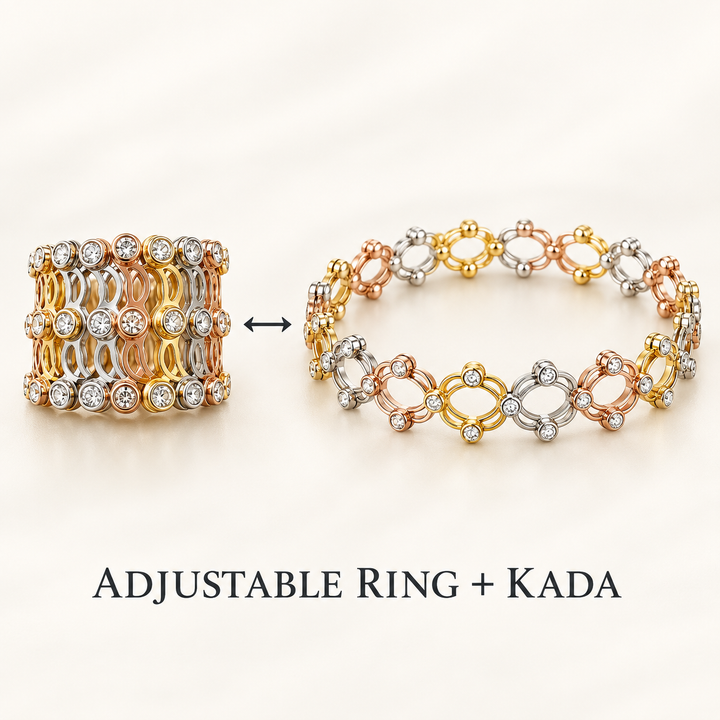 Convertible Tri-Tone Crystal Adjustable Ring & Kada Bracelet