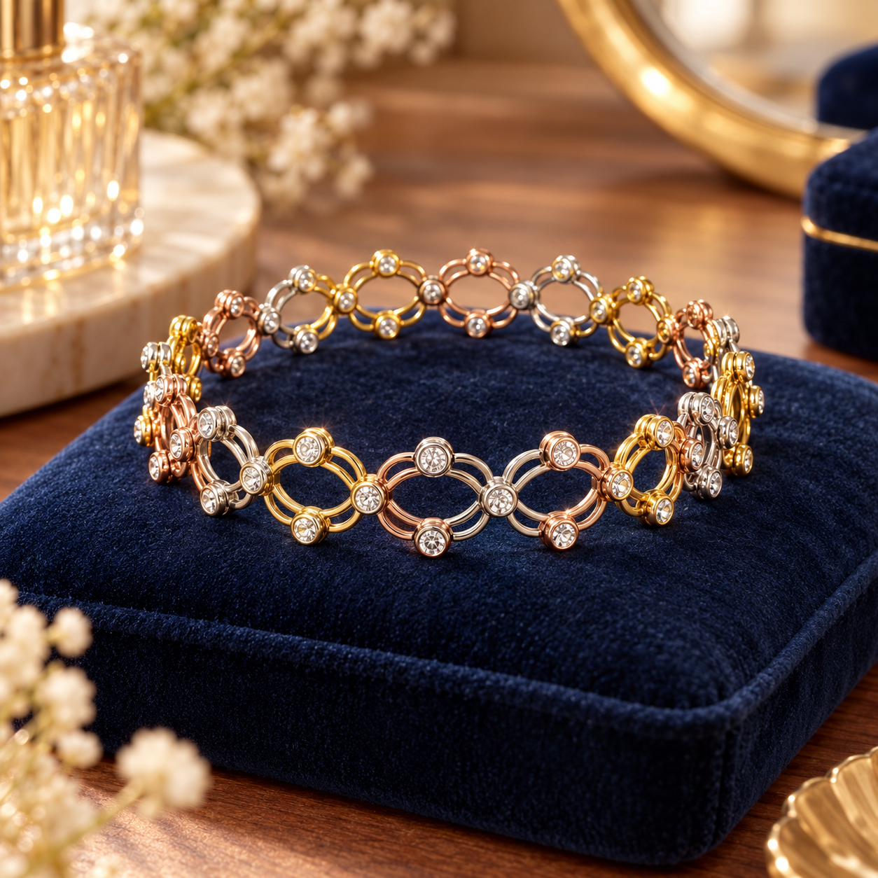 Convertible Tri-Tone Crystal Adjustable Ring & Kada Bracelet