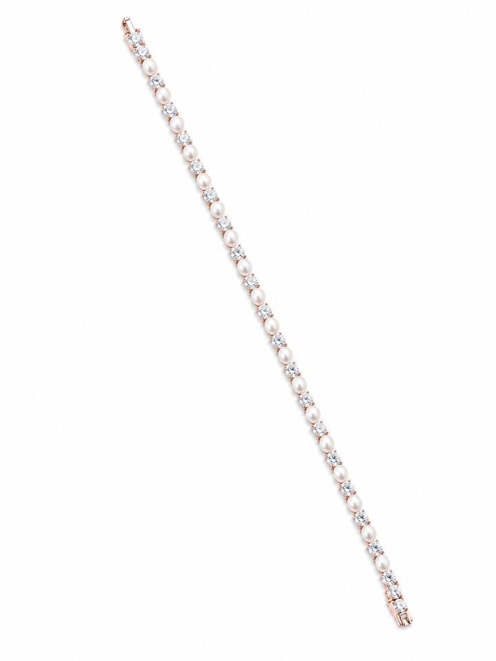 925 Sterling Silver Rose Gold Pearl & Crystal Tennis Bracelet
