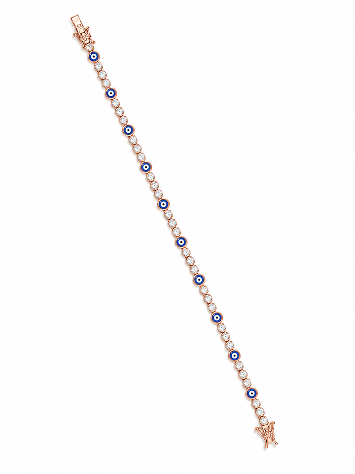 925 Sterling Silver Rose Gold Blue Evil Eye & Crystal Tennis Bracelet