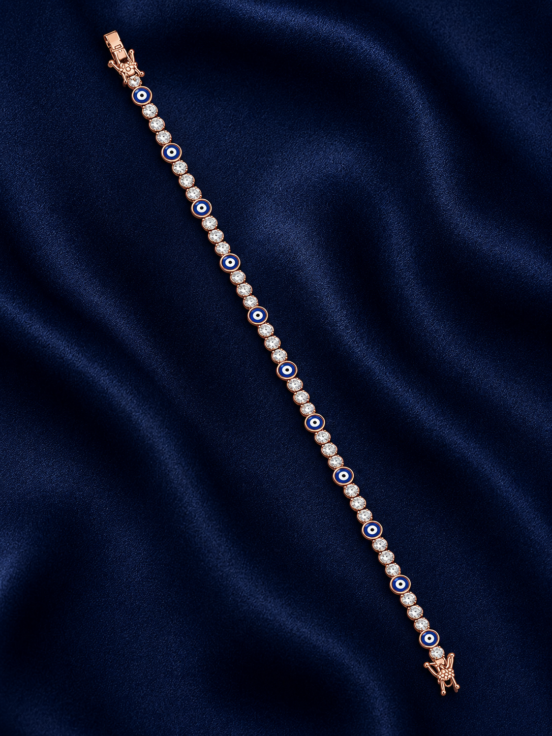 925 Sterling Silver Rose Gold Blue Evil Eye & Crystal Tennis Bracelet