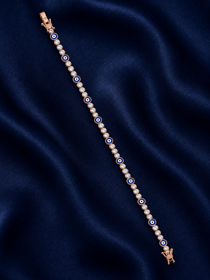 925 Sterling Silver Rose Gold Blue Evil Eye & Crystal Tennis Bracelet