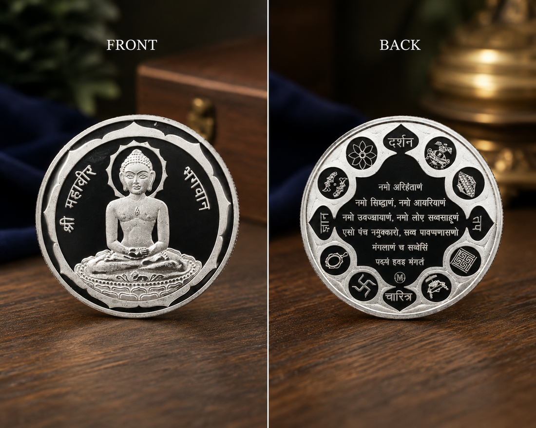 100g 999 Pure Silver Shri Mahavir Bhagwan Coin – Jain Navkar Mantra Religious Coin for Pooja & Gifting
