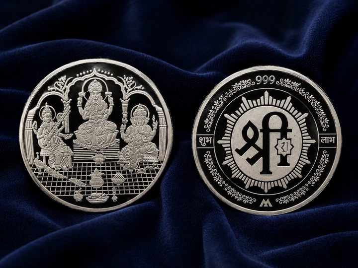 100 Grms 999 Pure Silver Lakshmi Ganesh Saraswati Shubh Labh Coin – Auspicious Religious Silver Coin for Gifting & Pooja