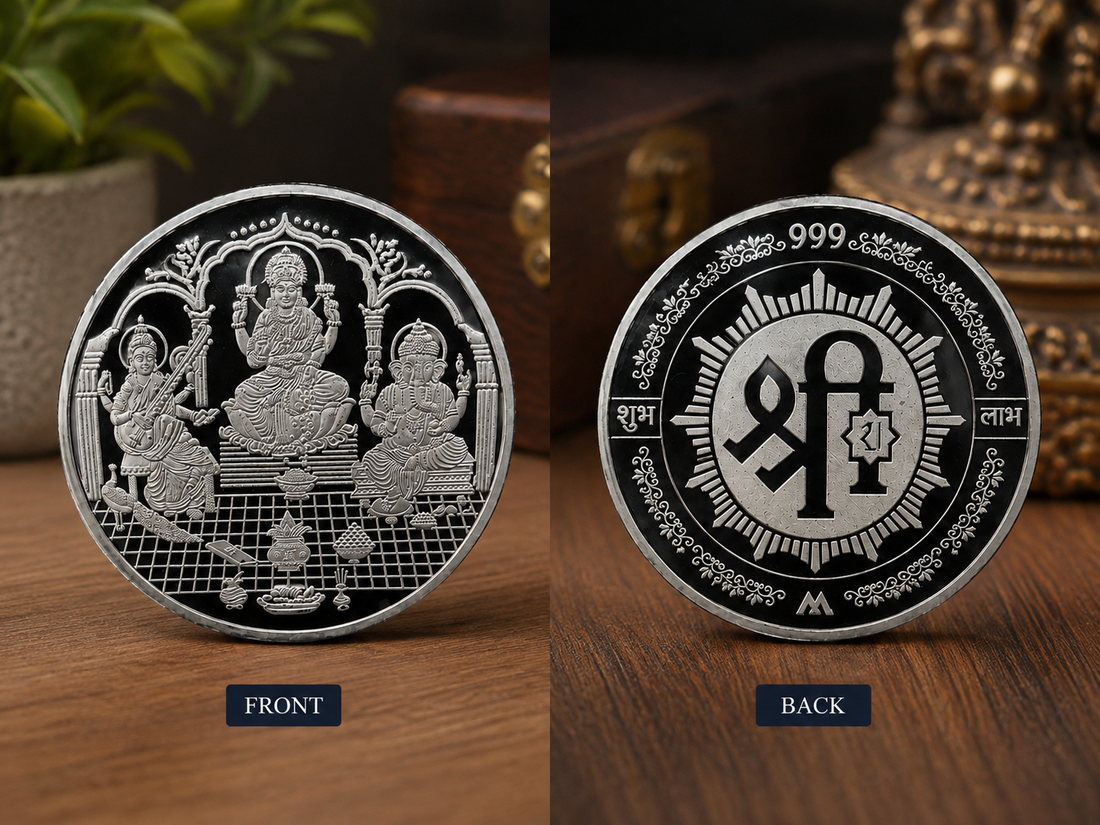 100 Grms 999 Pure Silver Lakshmi Ganesh Saraswati Shubh Labh Coin – Auspicious Religious Silver Coin for Gifting & Pooja