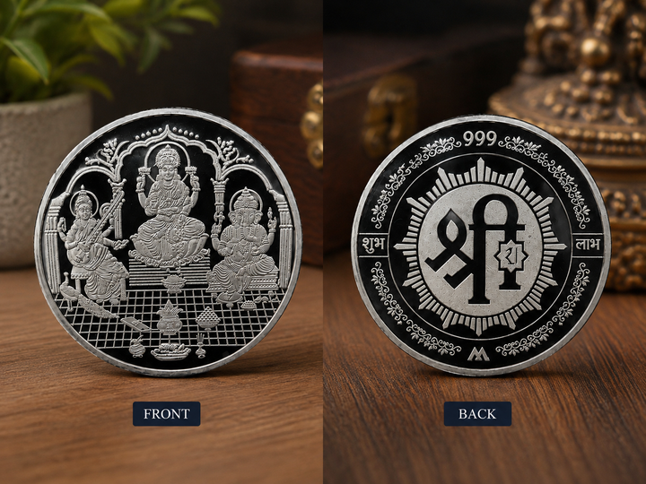 100 Grms 999 Pure Silver Lakshmi Ganesh Saraswati Shubh Labh Coin – Auspicious Religious Silver Coin for Gifting & Pooja